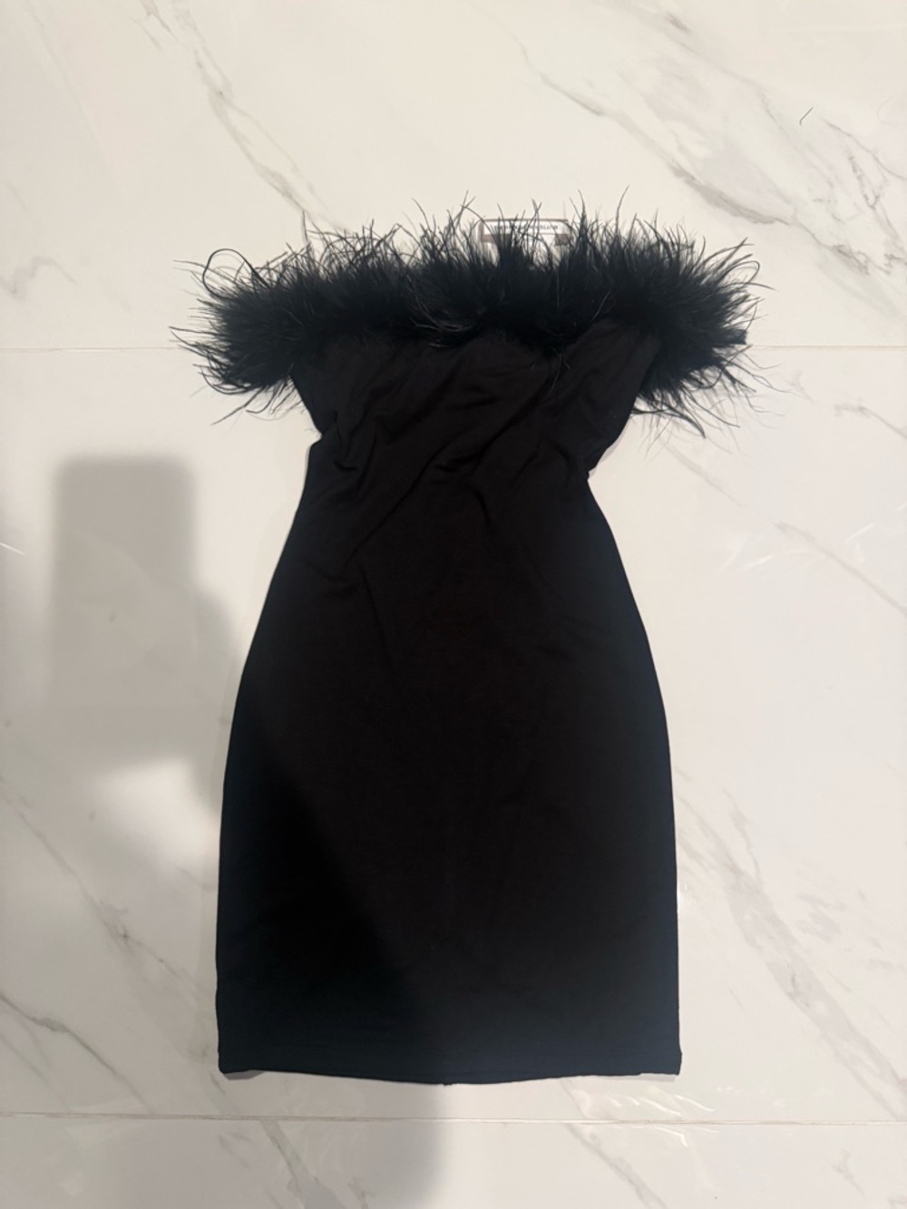Naked wardrobe Off-Shoulder Black Feather Trim Mini Dress s